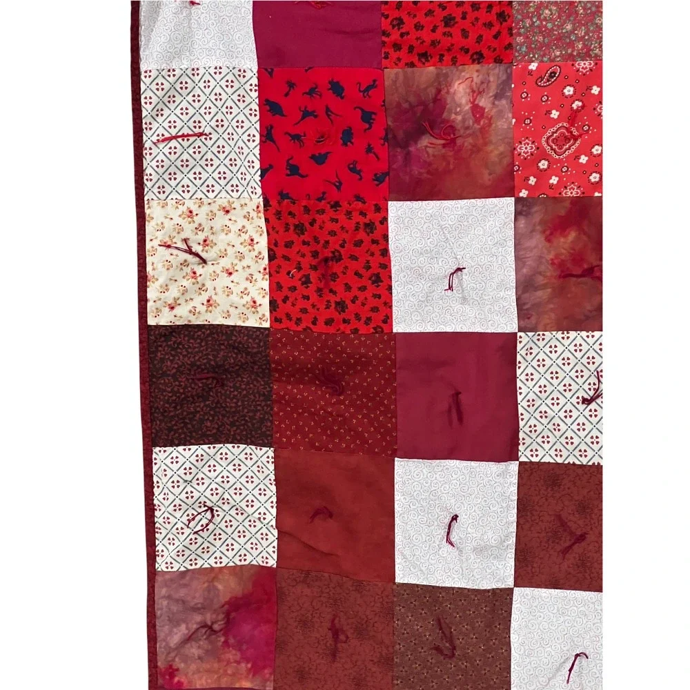 Handmade Reversible Twin Quilt 60x70 Red Patchwork Tropical Floral Tied